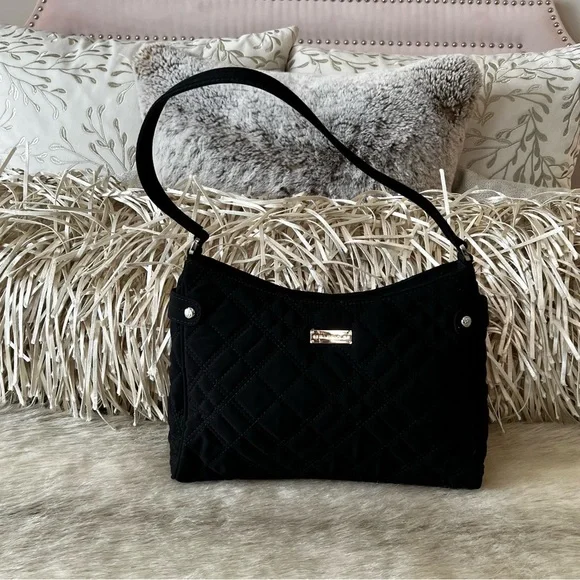VERA BRADLEY Black Quilted Microfiber Satchel Shoulder Bag East West Zipper Y2K - Picture 7 of 13